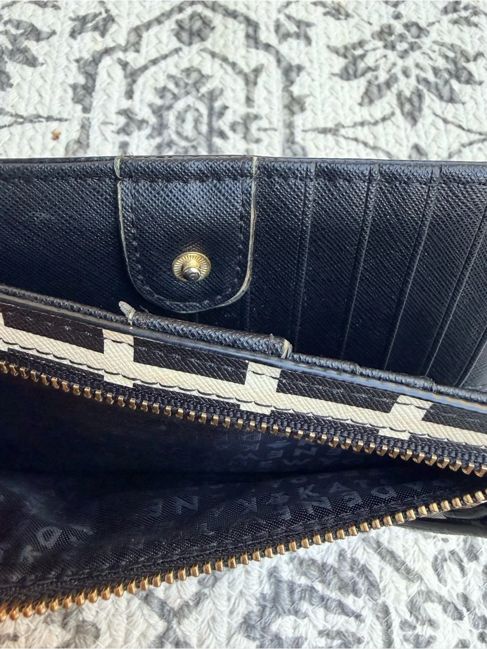 kate spade Black and Cream Checkered Leather Zip Wallet